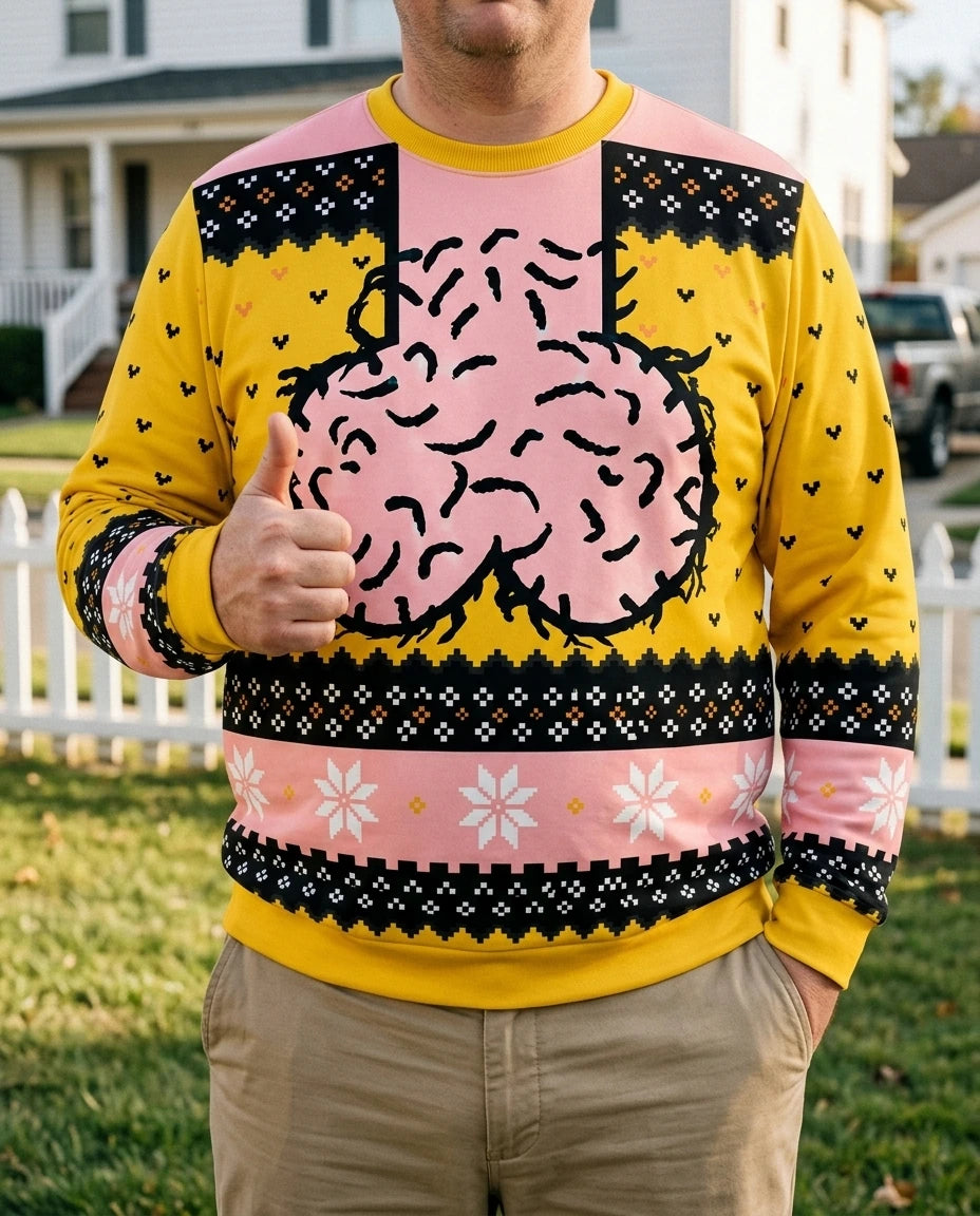 Nutty Sweater brain print long-sleeve shirt worn outdoors